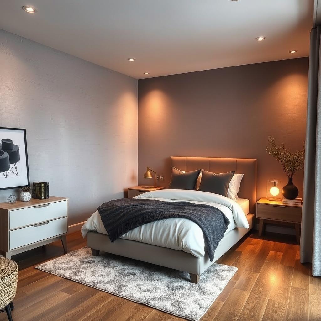 A cozy bedroom featuring a stylish bed similar to the one in the first image, with soft, inviting bedding