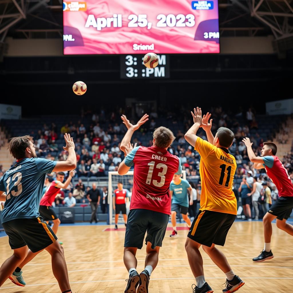 A dynamic and exciting scene of a handball tournament taking place, featuring players in action wearing colorful jerseys