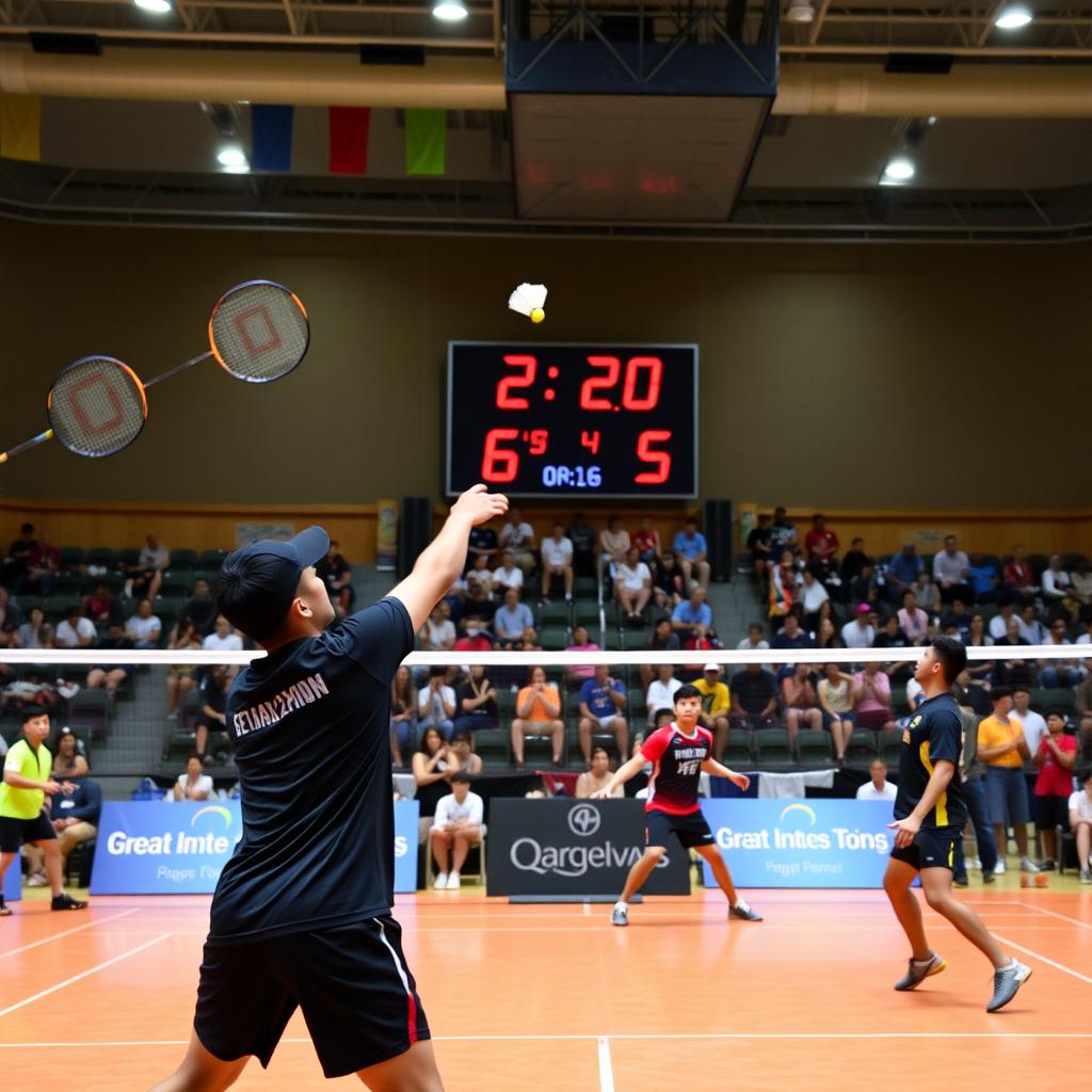 A vibrant badminton tournament scene featuring players in action on the court, showcasing a variety of dynamic poses as they smash and volley the shuttlecock
