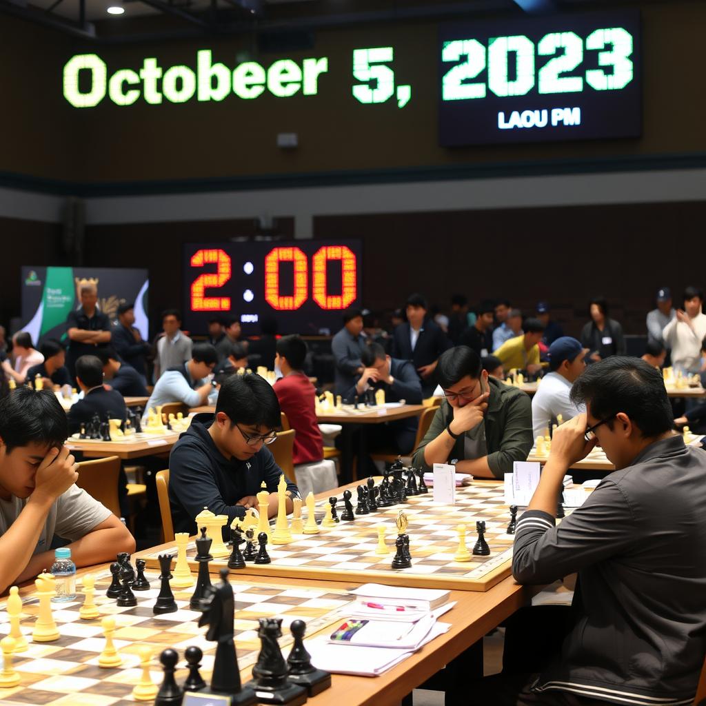 A lively chess tournament scene featuring participants deeply engaged in their games, with a variety of chessboards and pieces displayed prominently