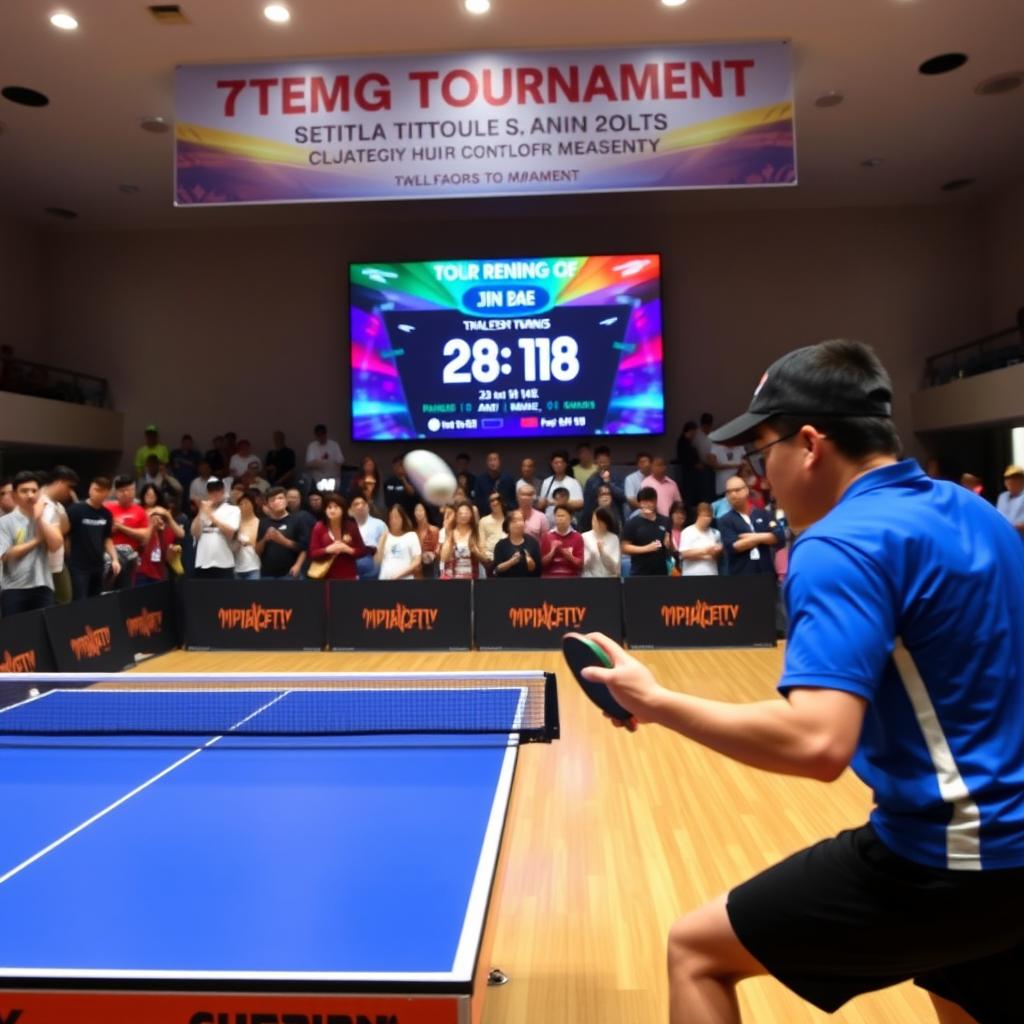A dynamic scene of a table tennis tournament, featuring two skilled players in mid-action, their concentration evident as they volley the ball back and forth