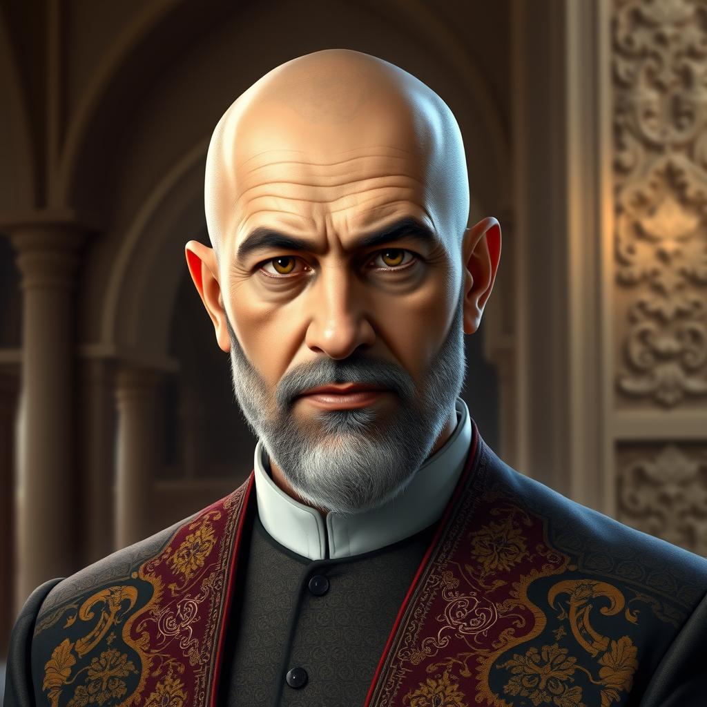 A digital portrait of a distinguished leader of Iran portrayed as bald, showcasing strong facial features, an intense gaze, and a dignified expression