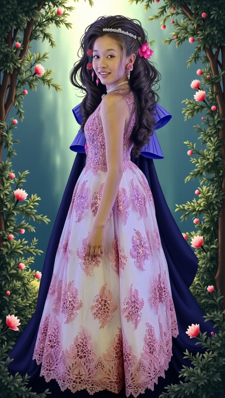 A young woman in a beautiful gown with intricate pink embroidery, standing gracefully
