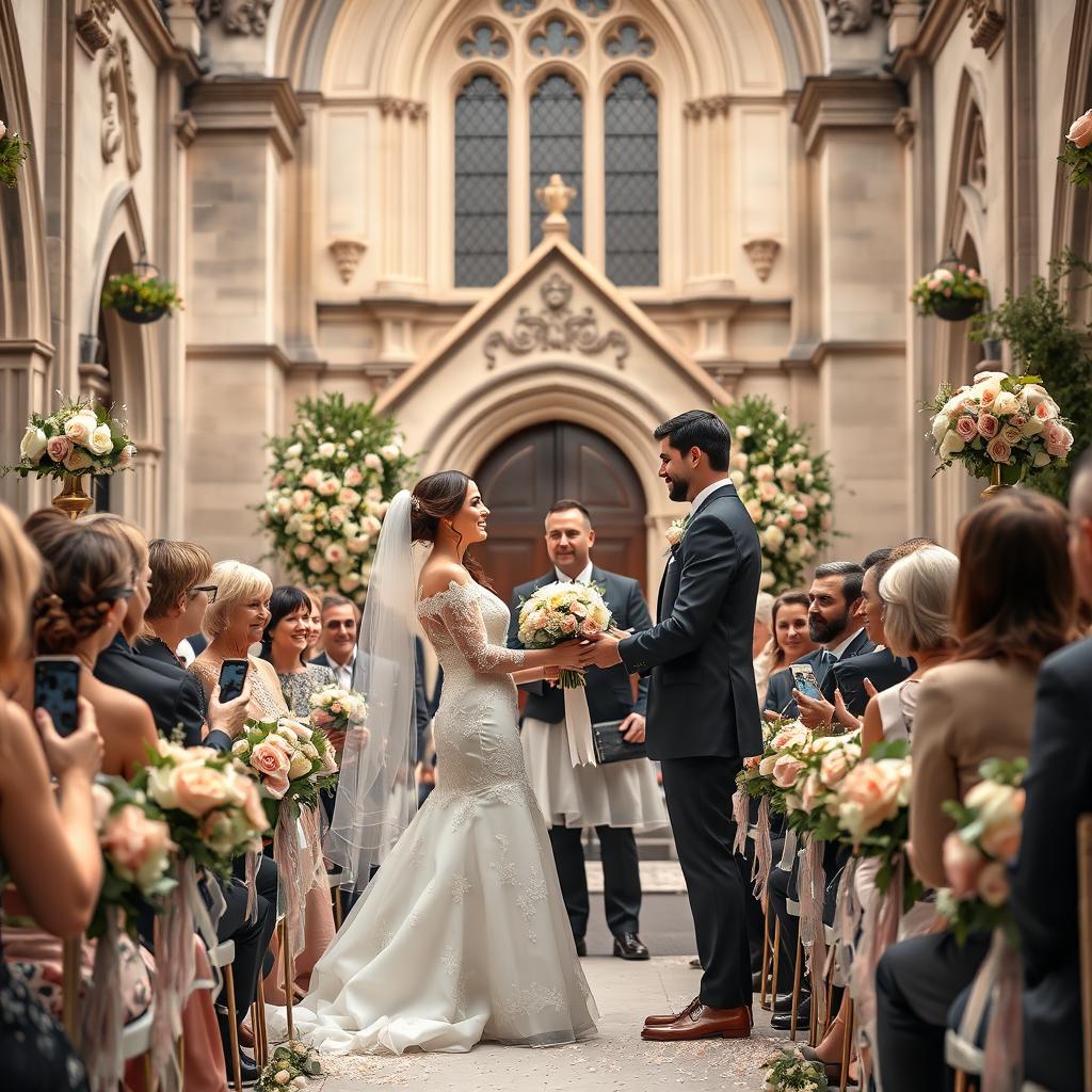 A beautiful wedding scene in London, featuring a couple exchanging vows in front of a historic venue, such as St