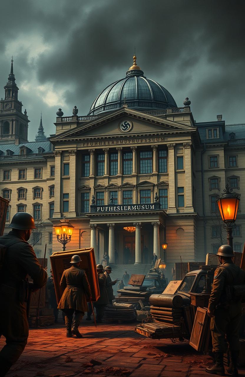 A detailed and historical depiction of the Fuhrermuseum, showcasing its grand architecture and the surrounding setting in a dramatic, atmospheric style