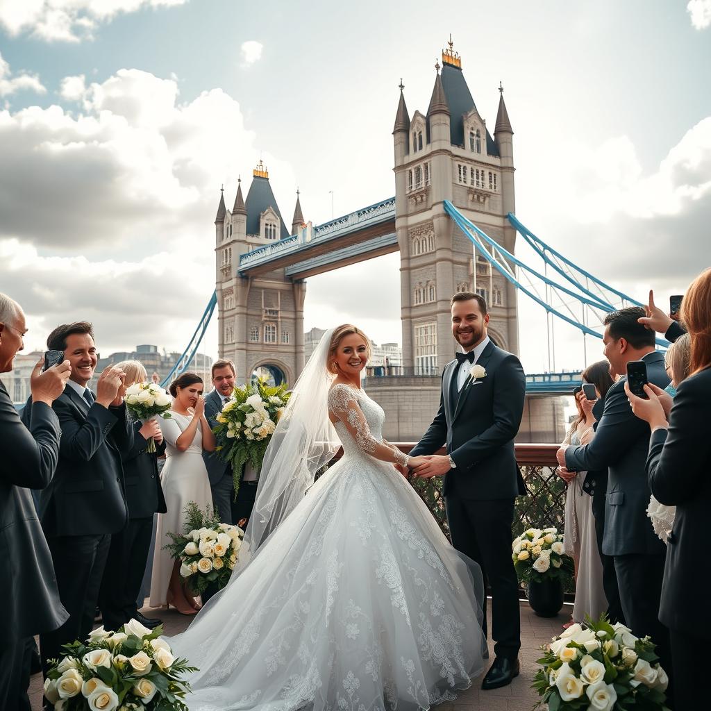 A picturesque wedding in London, featuring a bride and groom standing together in front of the stunning backdrop of the iconic Tower Bridge