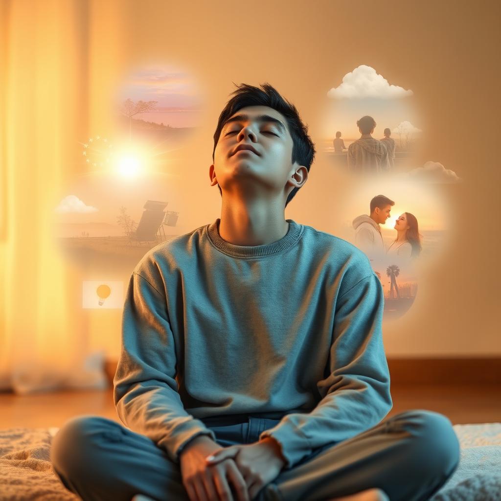 A person sitting quietly with their eyes closed, deep in thought and imagination
