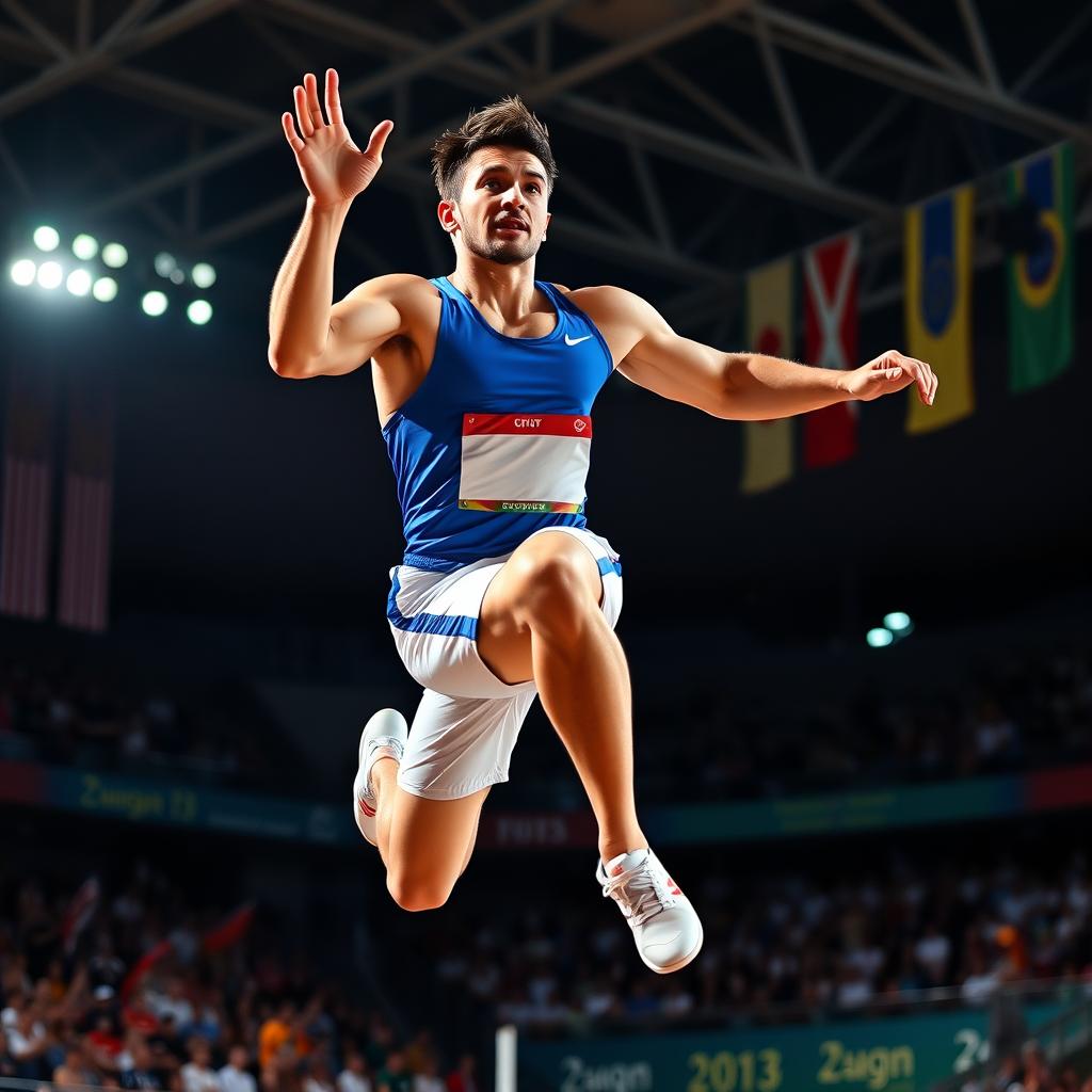 A dynamic scene showcasing a male athlete in action, performing a high jump