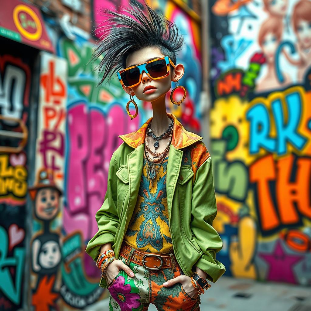 A stylish skinny figure dressed in funky and colorful clothing, showcasing an eclectic mix of vibrant patterns and textures