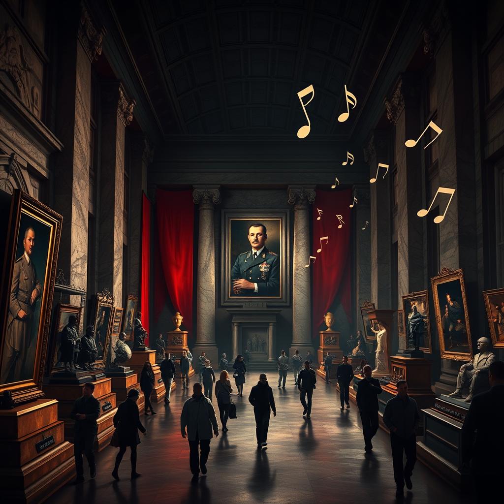 An artistic representation of a fictional museum dedicated to an imposing Führer figure, displaying an array of historical artifacts, paintings, and sculptures that evoke a sense of grandeur and ominousness