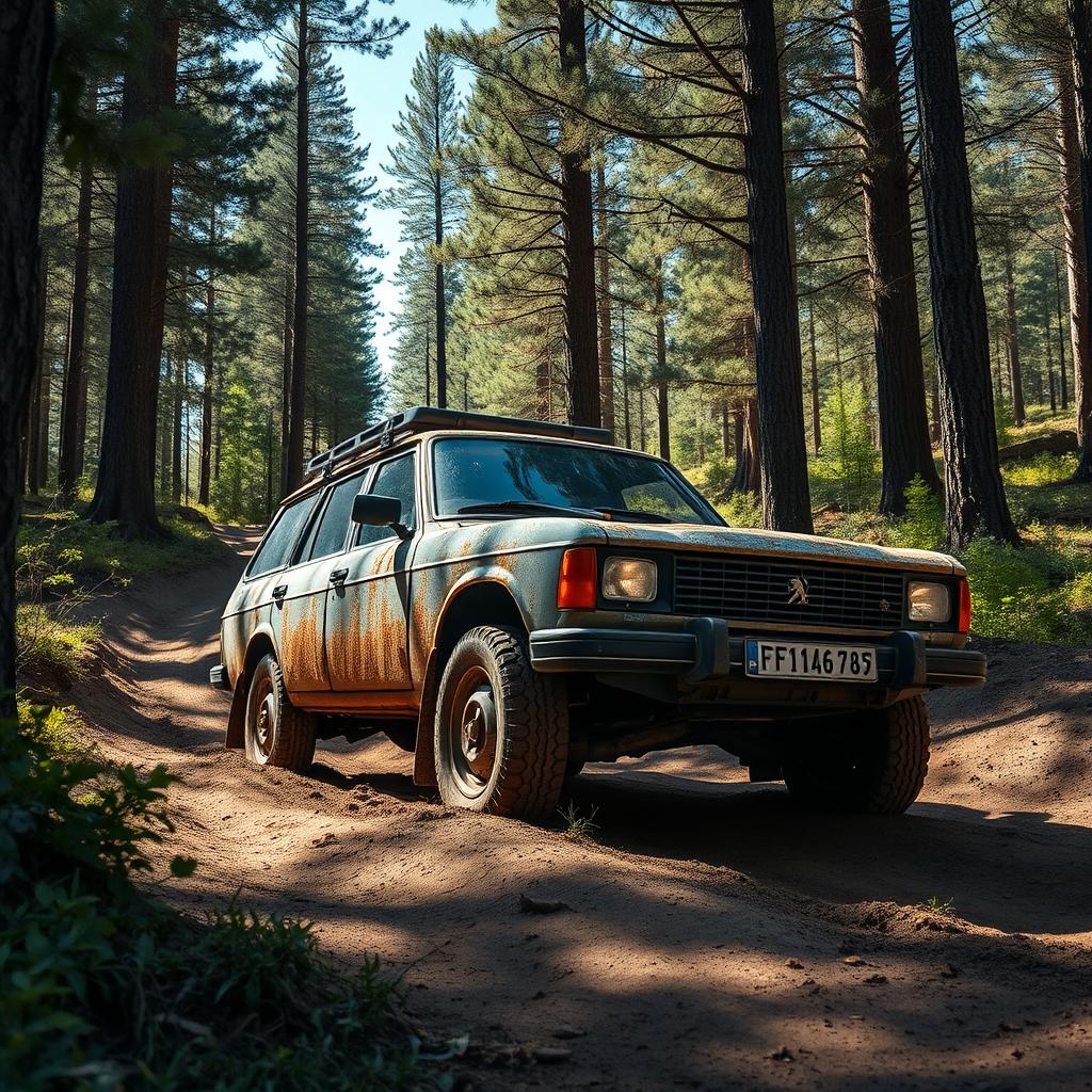 A rugged off-road scene featuring a classic Peugeot 505, showcasing its adventurous spirit
