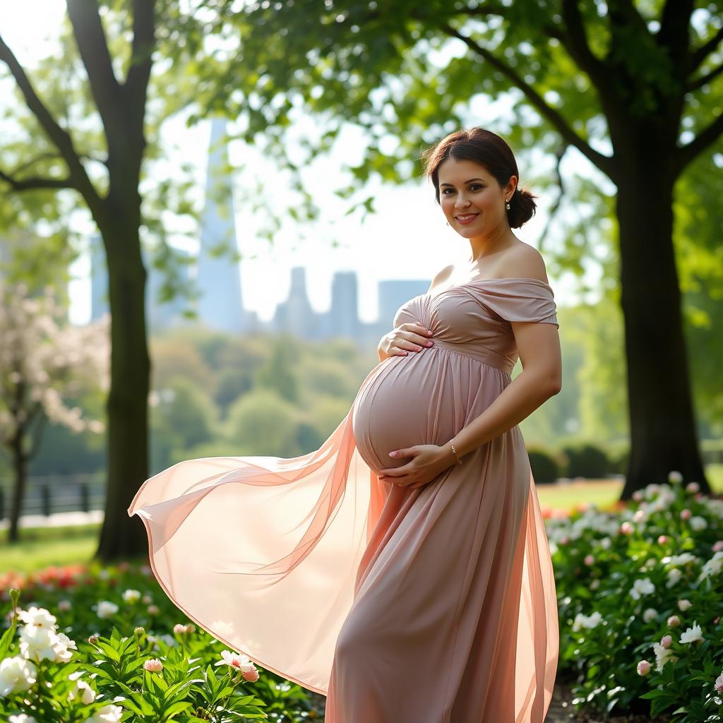 A serene maternity photoshoot in London, featuring a pregnant woman standing gracefully in a picturesque park