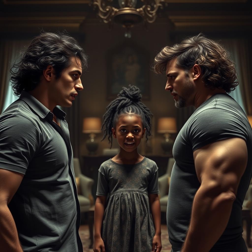 An intense scene of a dispute in a large, elegant living room with dim lighting and a heavy atmosphere