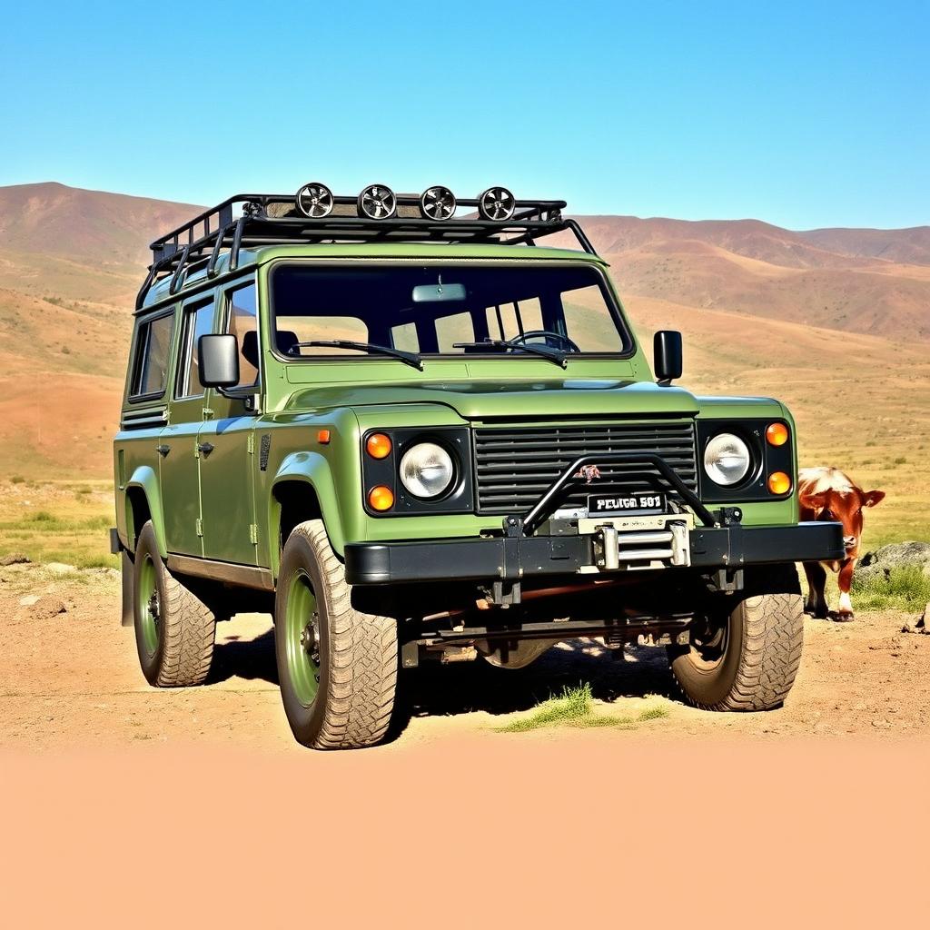 An off-road 1985 military green Peugeot 505, equipped with air intake openings and a winch, parked in a rugged terrain setting