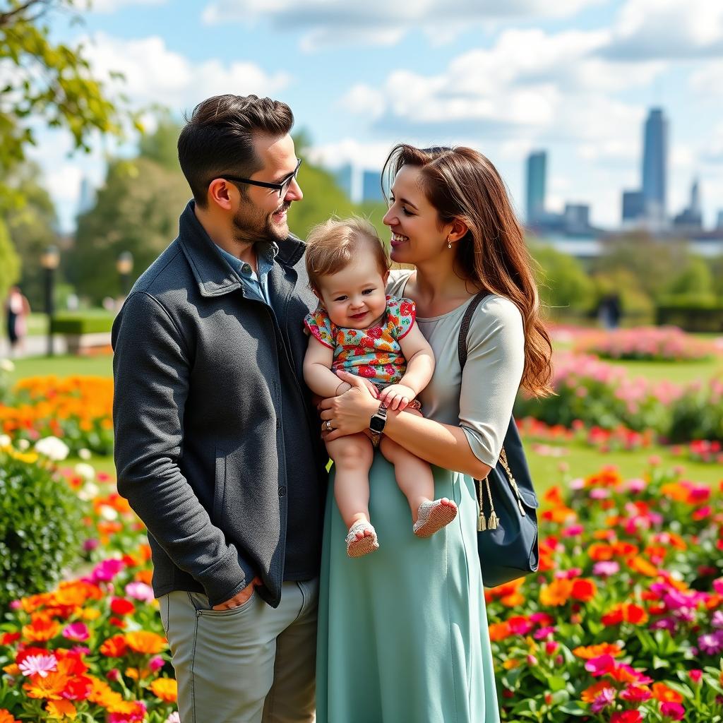 A heartwarming scene of a couple in London, standing together in a vibrant park, holding a young child in the mother's arms