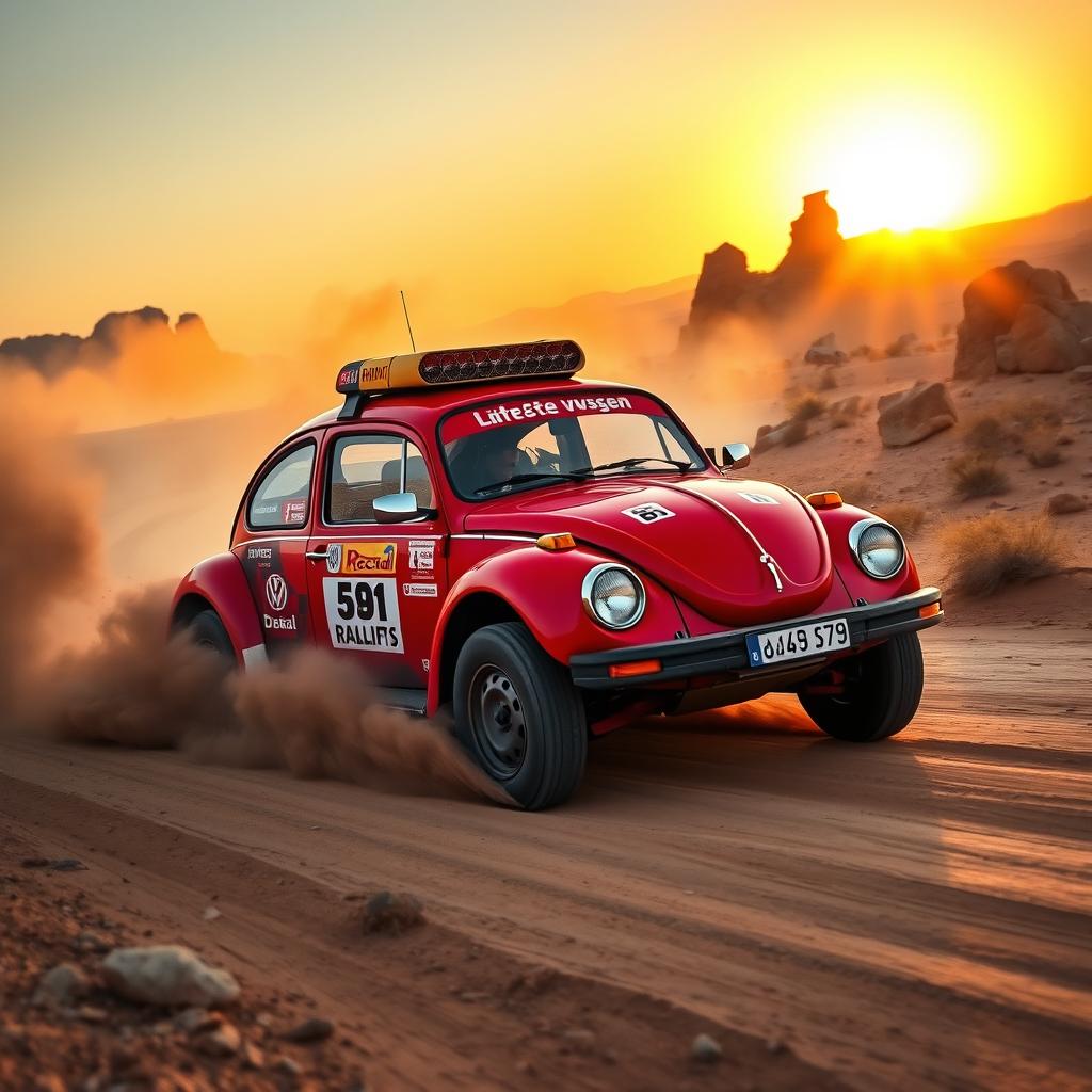 A vibrant red Volkswagen Beetle driving through the rugged terrain of the Dakar Rally