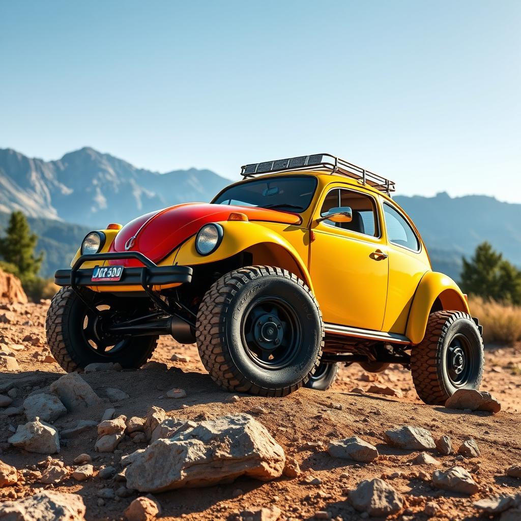 A vibrant and adventurous scene showcasing a new off-road beetle car, positioned dynamically on a rugged terrain with rocks and dirt