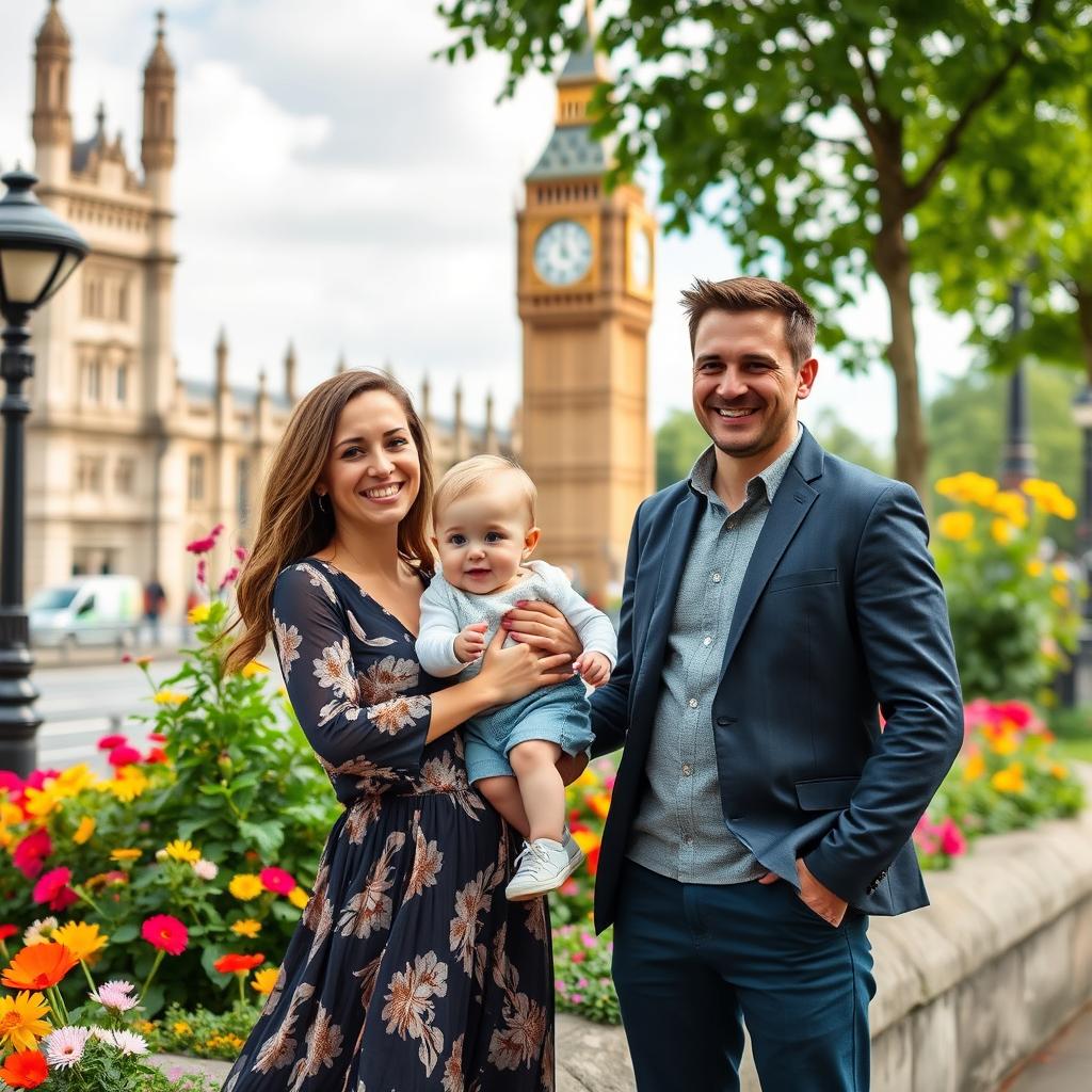 A joyful scene of a couple in London, standing in a picturesque spot near the iconic Big Ben, holding a young child in the mother's arms