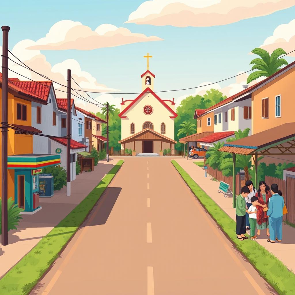 An illustration of a vibrant community scene, featuring a straight road lined with houses on both sides
