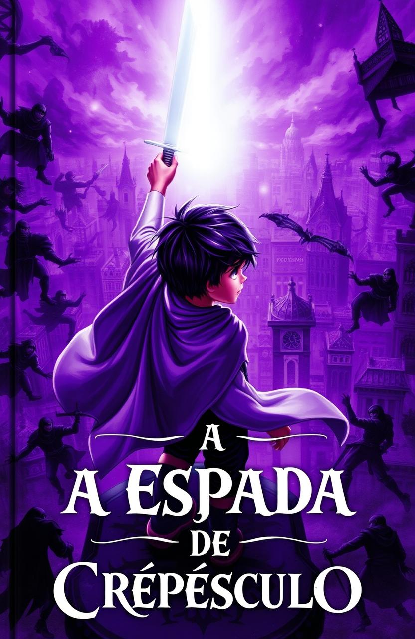 A young boy holding a shining white sword with one hand, dressed in a flowing cape and having dark hair