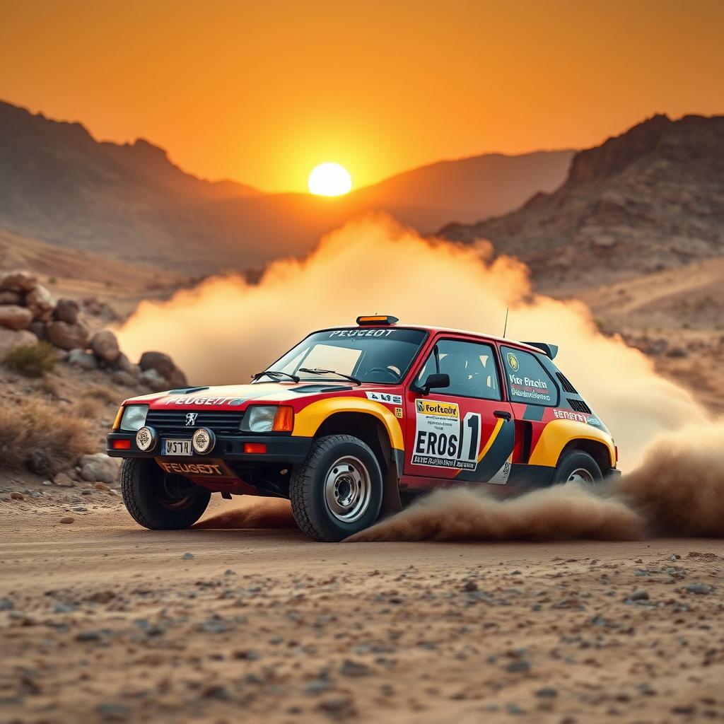A dynamic scene featuring a Peugeot 205 rally car racing across the rugged terrain of the Dakar Rally, showcasing its iconic design and vibrant colors
