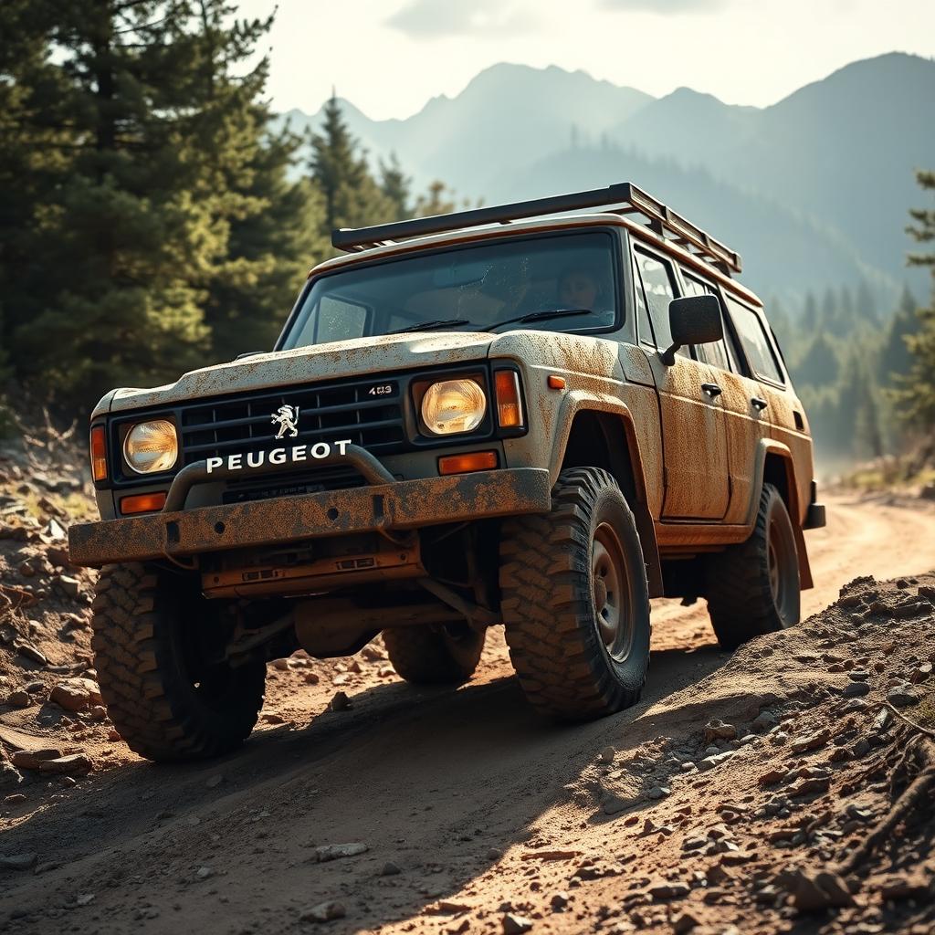 A rugged Peugeot 405 SUV crossing a rough, off-road terrain, with a scenic backdrop of mountains and forests