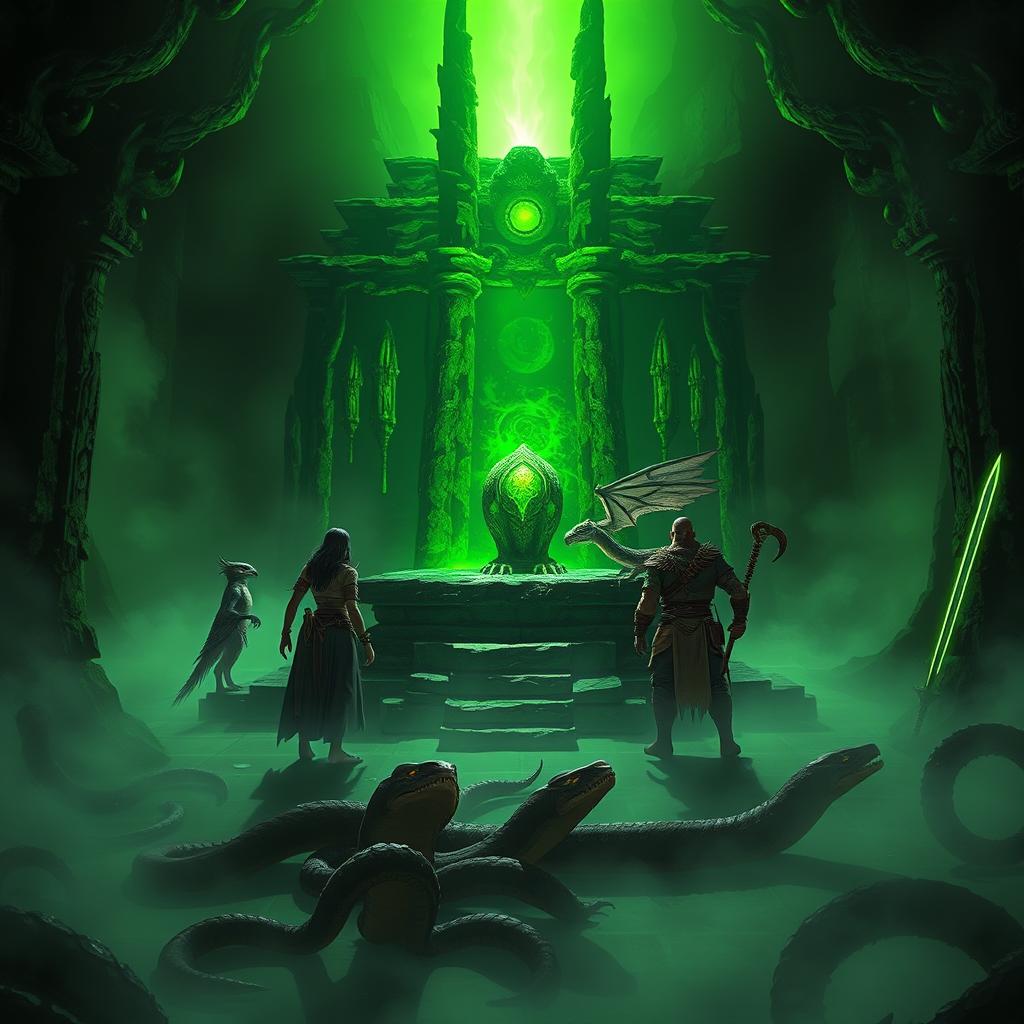 A dark, fog-shrouded Yuan-Ti temple illuminated by an eerie green light