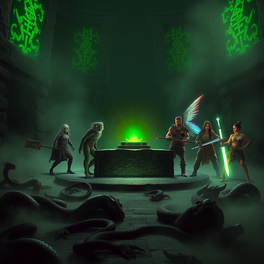 A dark, foggy Yuan-Ti temple filled with mystery and tension, featuring glowing green runes etched into ancient stone walls