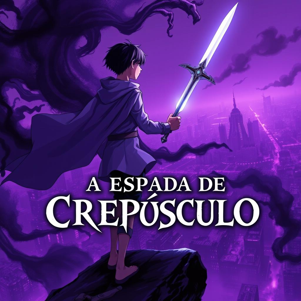 A teenage boy holding a shiny white sword in one hand, wearing a flowing cape and having dark hair