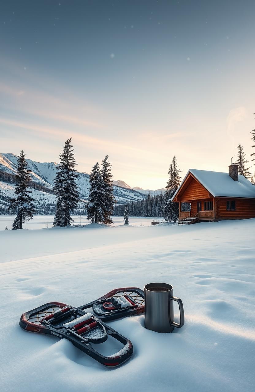 A serene winter landscape at sunrise, with snow-covered mountains in the background, a frozen lake reflecting the pastel colors of the sky, and a cozy wooden cabin with smoke curling from the chimney, surrounded by tall pine trees