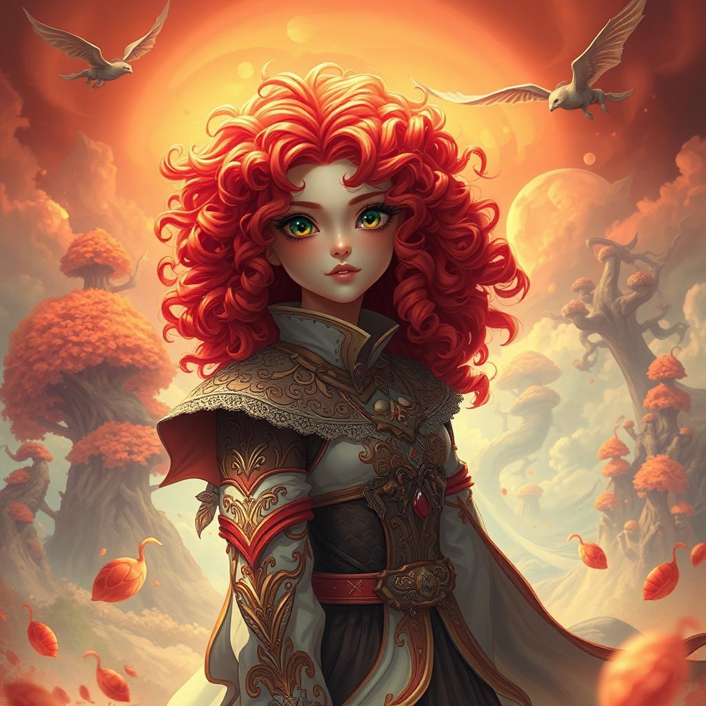 A fantastical scene featuring a character with vibrant curly red hair, showcasing an otherworldly atmosphere inspired by the concept of 'fourth wing'