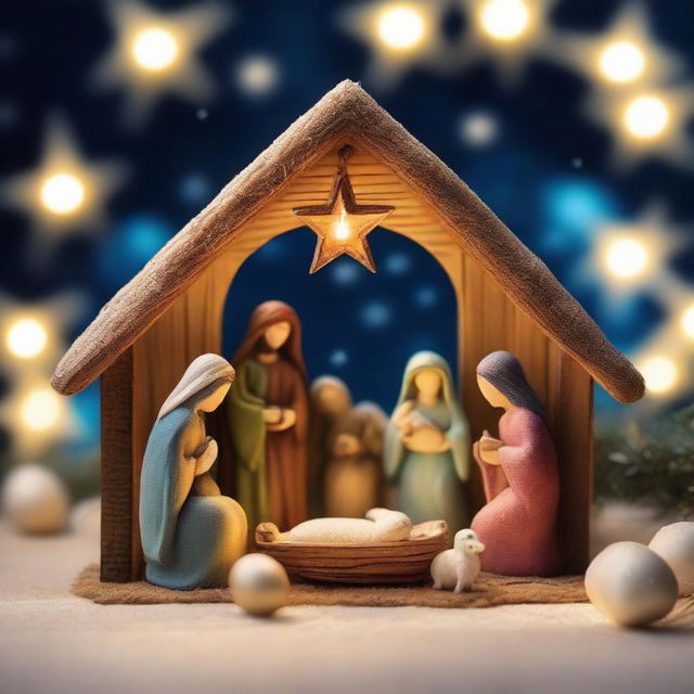 A festive Christmas nativity scene with intricate detailing, vibrant colors, and soft, warm lighting. Focus on the lovingly crafted figures nestled in the stable beneath a twinkling starry sky.