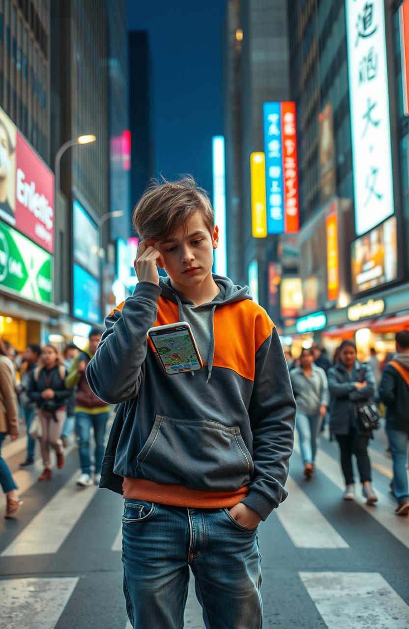 A confused teen standing in a crowded city street, surrounded by bright neon lights and fast-moving traffic