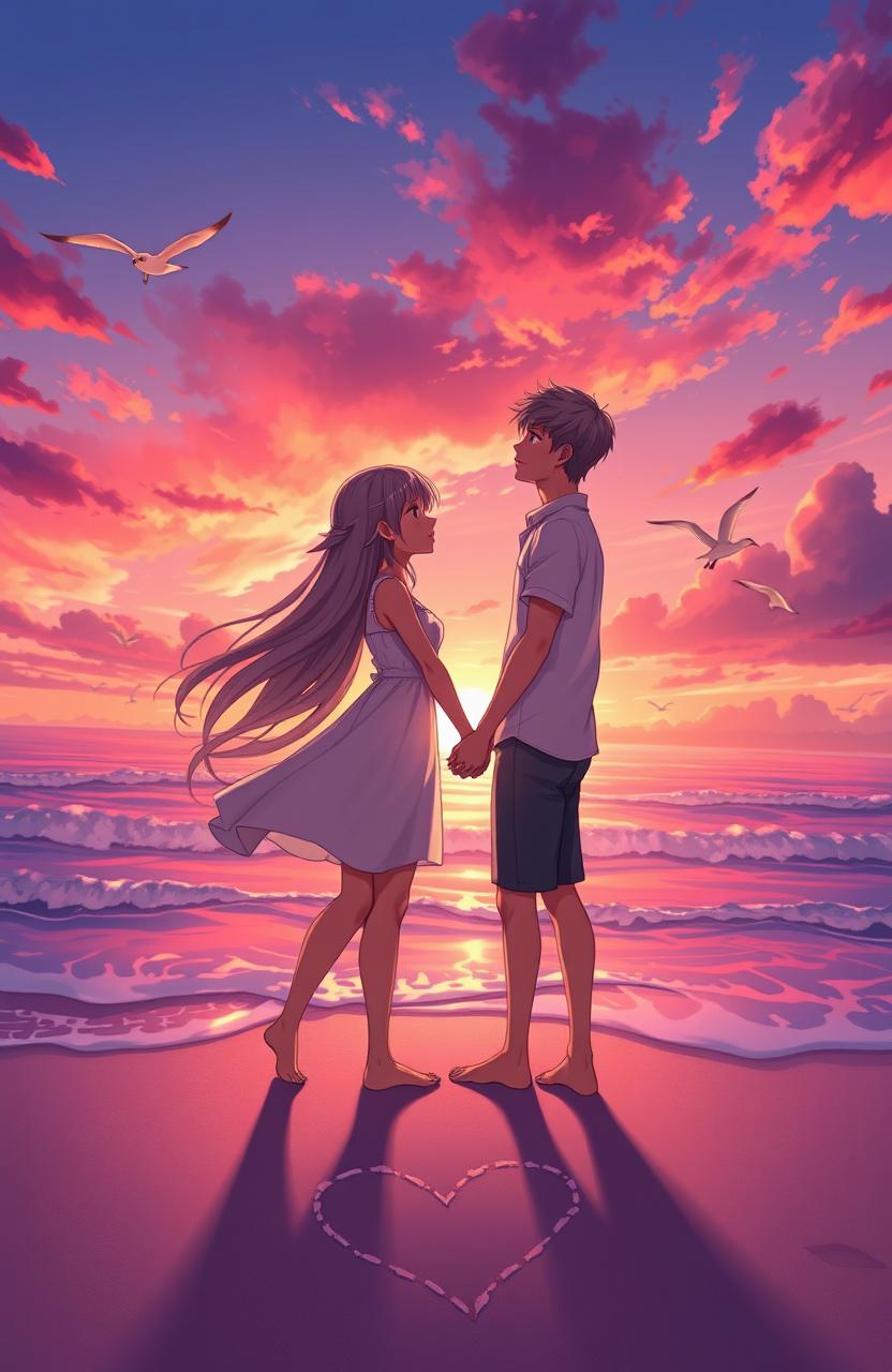 A romantic scene depicting a love story between two characters, set at a picturesque sunset on a beach