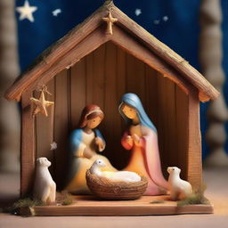 A festive Christmas nativity scene with intricate detailing, vibrant colors, and soft, warm lighting. Focus on the lovingly crafted figures nestled in the stable beneath a twinkling starry sky.