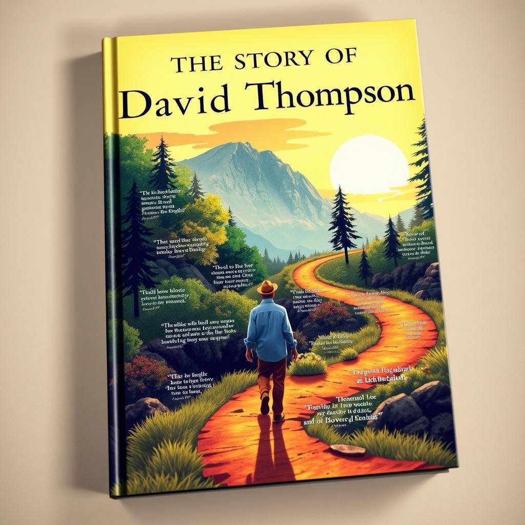 A visually striking book cover for 'The Story of David Thompson', featuring a serene landscape with a winding path leading through lush greenery and mountains