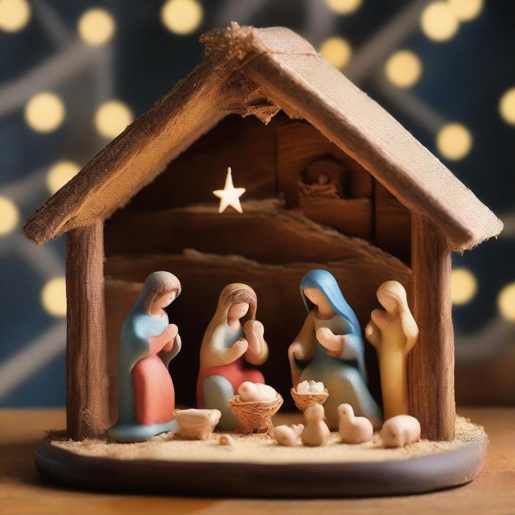 A festive Christmas nativity scene with intricate detailing, vibrant colors, and soft, warm lighting. Focus on the lovingly crafted figures nestled in the stable beneath a twinkling starry sky.