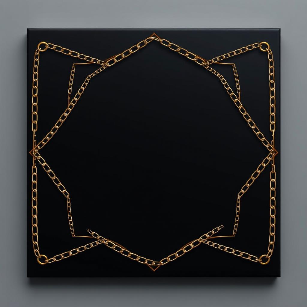 A sophisticated black cover design featuring intricate gold chains in each corner, creatively intertwined to form elegant graphic patterns