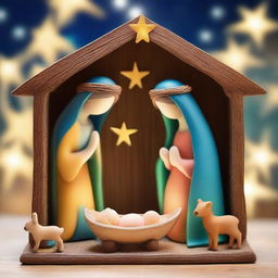 A festive Christmas nativity scene with intricate detailing, vibrant colors, and soft, warm lighting. Focus on the lovingly crafted figures nestled in the stable beneath a twinkling starry sky.