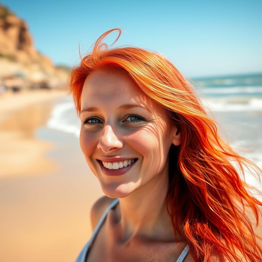 A 35-year-old woman with vibrant red hair and charming freckles on her face, standing on a sunlit beach, enjoying a beautiful day