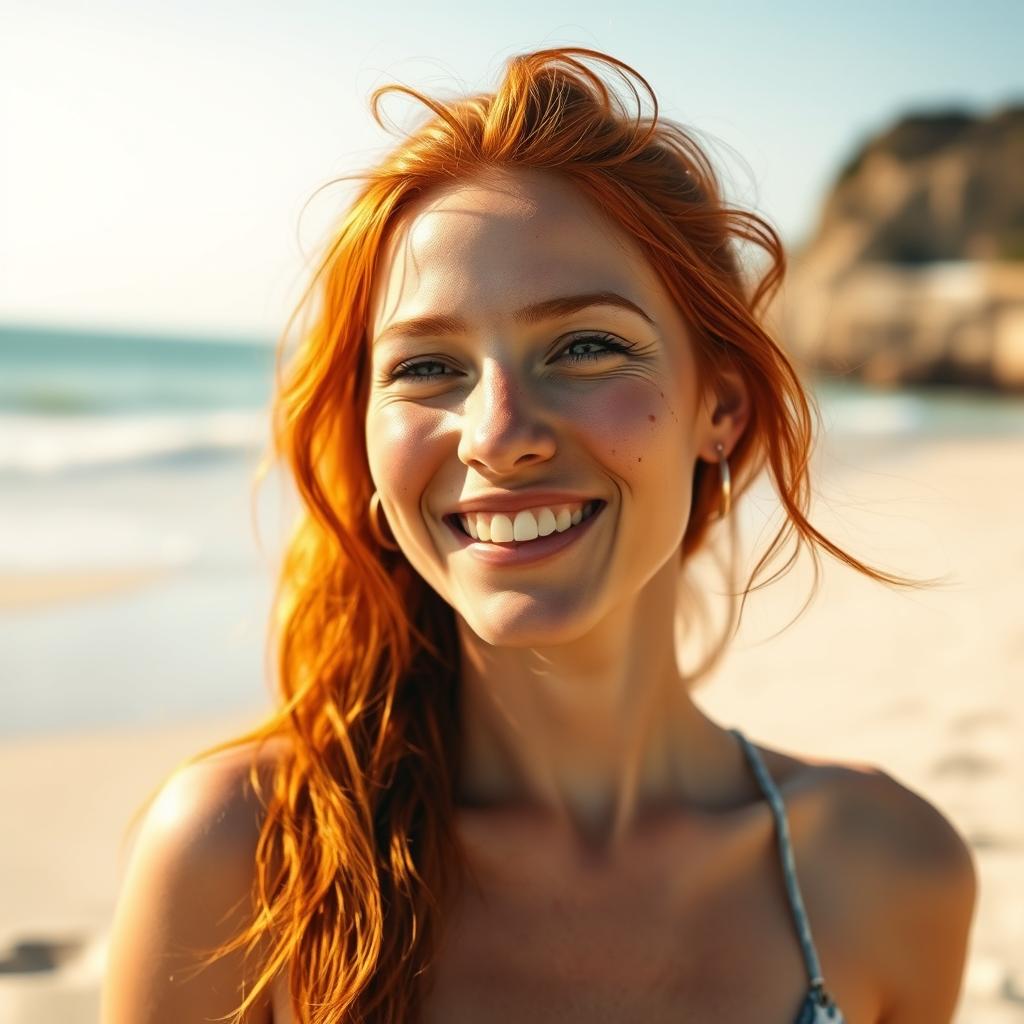 A 35-year-old woman with striking red hair adorned with natural freckles on her face, standing on a beautiful beach, reveling in the sunny day