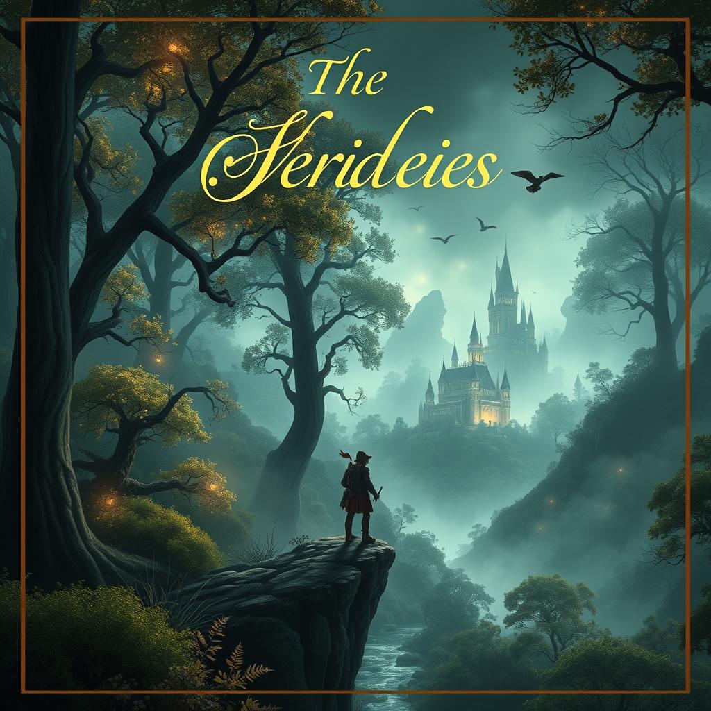 A captivating book cover design featuring a mystical forest in the background, with towering ancient trees whose leaves shimmer like jewels