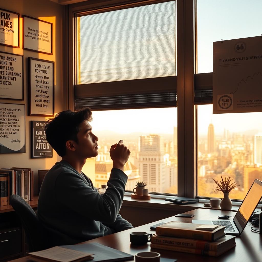 A thoughtful person reflecting on their success, sitting in a cozy office with warm lighting, surrounded by motivational quotes and personal achievements displayed on the walls