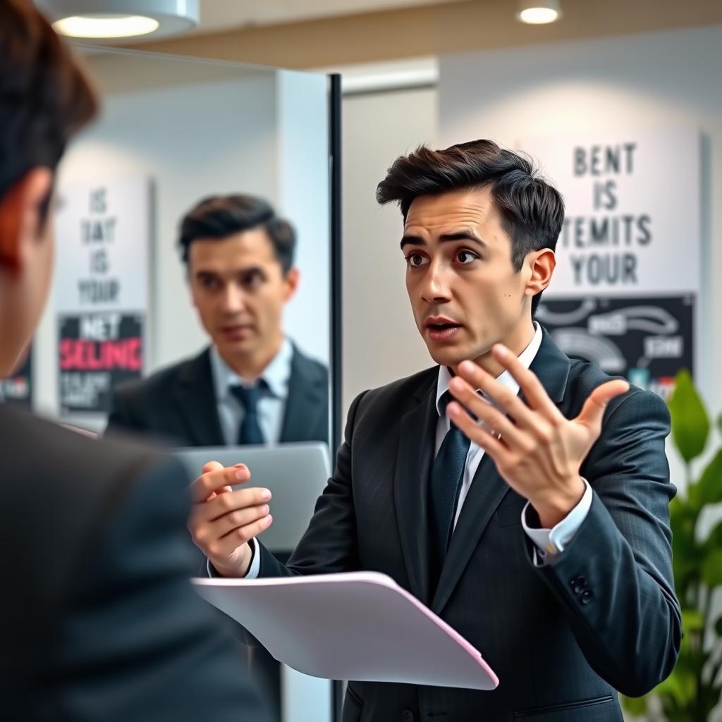 A person practicing a speech in front of a mirror, wearing business attire, with an expressive look on their face