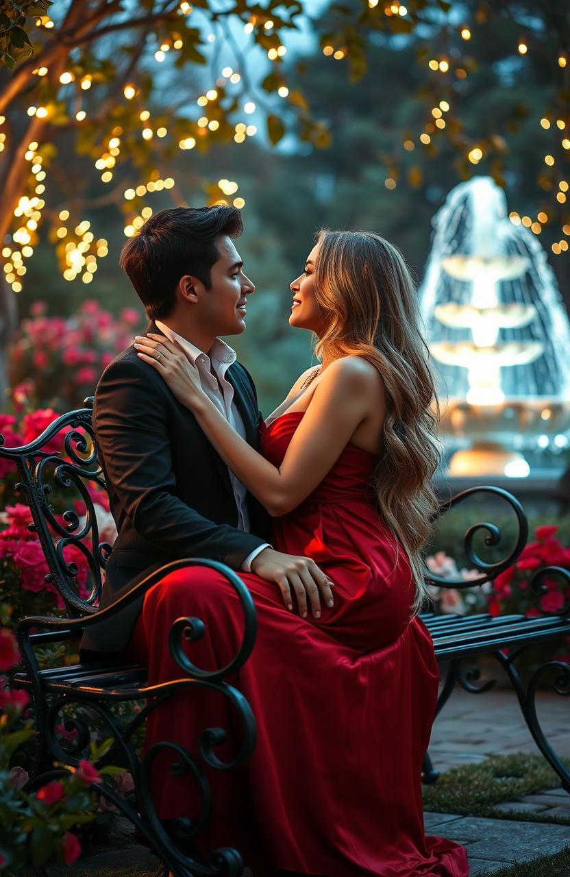 A passionate, forbidden love scene set in a beautiful garden at twilight, with vibrant flowers surrounding an elegant wrought-iron bench