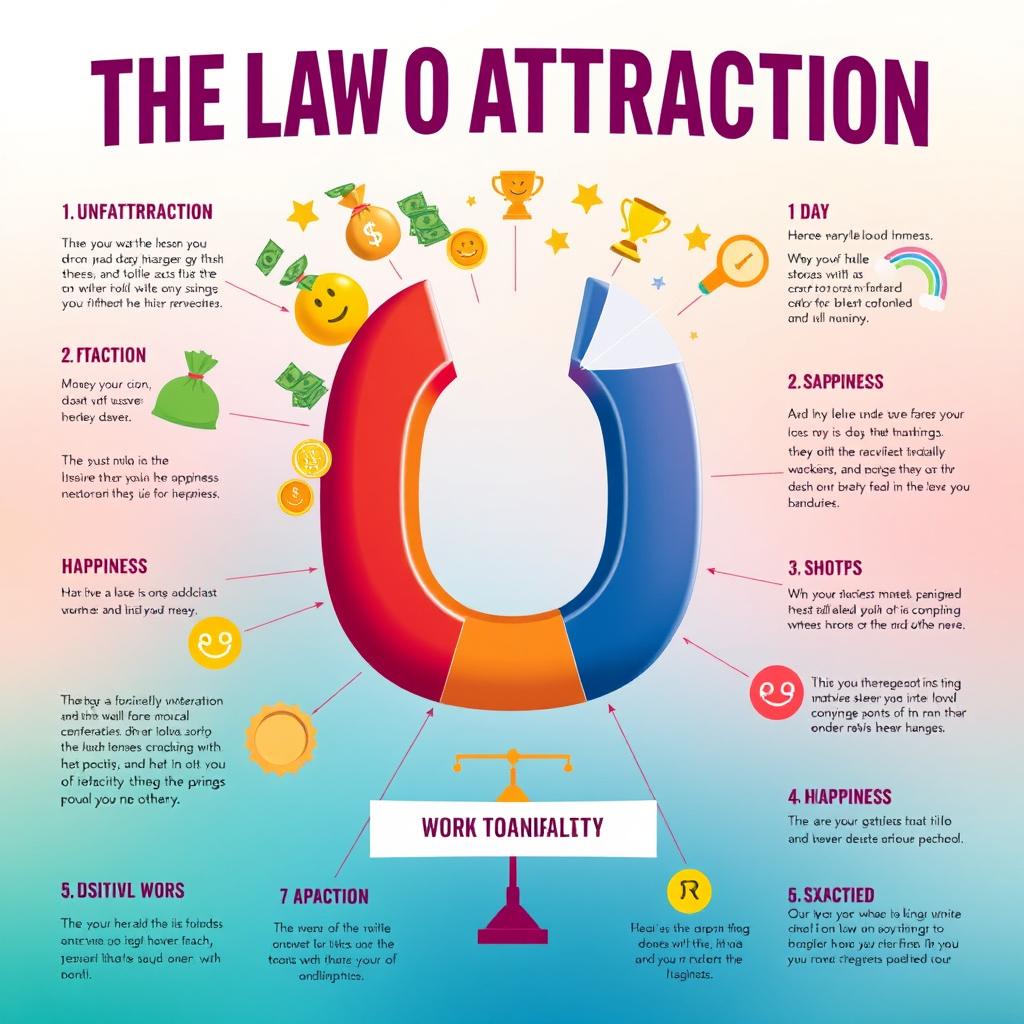 An informative infographic showcasing the Law of Attraction, visually represented by a large magnet attracting various elements symbolizing money, success, and happiness