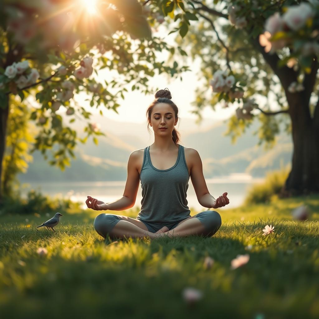 A serene and peaceful scene featuring a person meditating in a tranquil environment