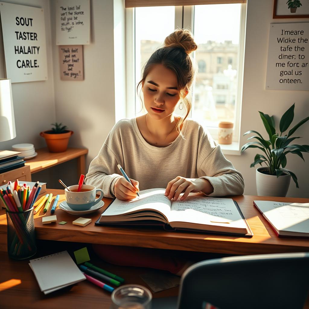 A serene scene depicting a young adult woman sitting at a cozy wooden desk in a softly lit room, thoughtfully writing her goals in a diary