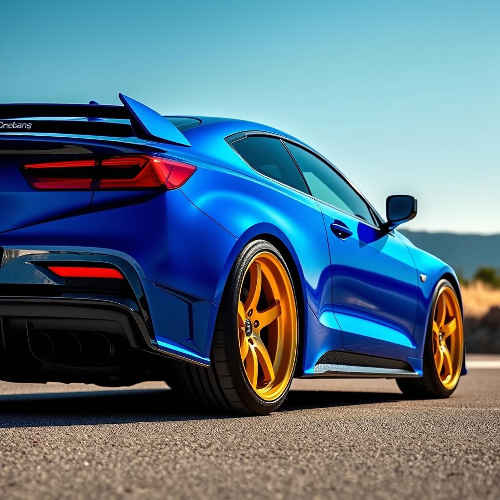 A sleek and sporty car in a vibrant blue color, featuring glossy golden rims that gleam in the sunlight
