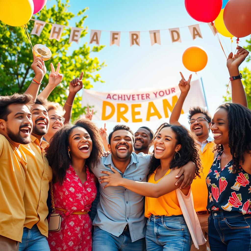 A vibrant scene depicting excited and happy individuals celebrating the achievement of their dreams